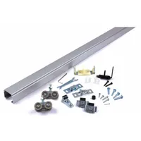 This top-mounted hanging door track kit includes a 5 ft long track with a width of 3 1/2 in and height of 1 3/8 in, supporting doors up to 250 lb. Suitable for sliding door systems in industrial or commercial settings where a complete track solution is required