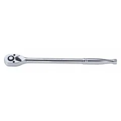 This standard-head ratchet features a reversible mechanism and a chrome finish. With an overall length of 11 1/4 inches and a 5° minimum arc swing, it is suited for tightening and loosening fasteners in confined spaces. The pear head design and reversible operation allow for quick direction changes without removing the socket.