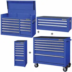 This heavy-duty tool storage combo includes a top chest, intermediate chest, side cabinet, and rolling cabinet with 27 drawers. It features a keyed locking system and ball-bearing drawer slides. Overall dimensions are 57 1/2 in W x 19 in D x 82 3/4 in H. Suitable for organizing tools and parts in workshops and industrial environments.