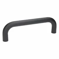 This load-rated standard U pull handle is constructed of black aluminum with a 9.84 in mounting hole center-to-center distance. It features threaded M10 holes for secure attachment. Commonly used on industrial enclosures, machinery doors, and panel access points