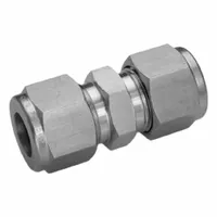 Double-ferrule compression fitting for connecting two 1/8 in OD tubes. Stainless steel construction provides corrosion resistance. Suitable for use in instrumentation, hydraulic, and pneumatic systems requiring leak-tight, vibration-resistant seals