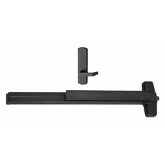 This rim-type exit device features a touchbar style and is designed for doors up to 3 ft wide. It includes a dummy pull outside trim and is ADA compliant for accessible egress. Suitable for commercial applications requiring code-compliant emergency exit hardware.