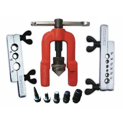 This flaring and swaging tool kit is designed for use with aluminum, brass, and copper tubing. It features a self-centering mechanism to ensure accurate alignment during operation. The kit includes a storage case for organized transport and protection. Typical applications include preparing tube ends for leak-proof joints in HVAC, refrigeration, and plumbing systems.