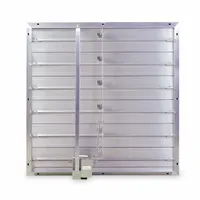 Rectangular motorized control damper with 45-inch height, 45-inch width, and 13 1/4-inch length. Constructed of aluminum with a 1 1/2-inch flange width and flat blade design. Features a normally open switch action and is rated for 100/240V AC supply voltage. Suitable for use in HVAC duct systems where airflow regulation is required, with a maximum air velocity of 3500 fpm