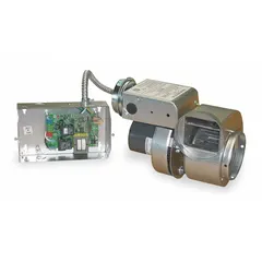 Pipe-mount exhaust draft inducer for LP-fueled water heaters. Operates on 115V AC, 1.51 A, delivers 286 cfm at 0.0 in static pressure. Includes UC1 Universal Control. cETL Listed. For 6 in to 8 in pipe.