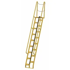 These steel alternating-tread stairs provide compact access to elevated platforms, mezzanines, and machinery in industrial facilities. The perforated treads reduce footprint while maintaining a safe climbing angle. Overall height 14.5 ft, load capacity 350 lb. Color: Yellow.