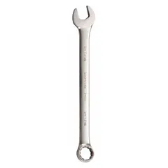 Alloy steel combination wrench with satin finish and offset design. 12-point box end and open end for turning fasteners. 2 1/16 in head size, 25 3/4 in overall length. Used in automotive repair, industrial maintenance, and mechanical assembly.