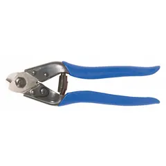 One-handed wire rope cutter with steel handle and shear cutting action. Overall length of 7 1/2 inches. Designed for cutting steel cable and wire rope in confined spaces, suitable for general maintenance and construction tasks.