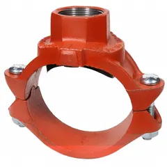 This threaded outlet pipe clamp features a 5 in x 5 in x 2 in configuration with an EPDM seal, ductile iron construction, and bolted design. Rated for a maximum operating pressure of 500 psi, it is used in grooved piping systems to create a T-shaped junction with a threaded outlet for branch connections.