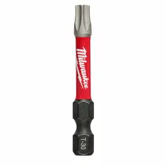 This MILWAUKEE impact Torx bit features a T30 size with a Torx head and hex shank, made of alloy steel. Designed for standard imperial applications, it is used with impact drivers for driving Torx fasteners in construction and assembly tasks.