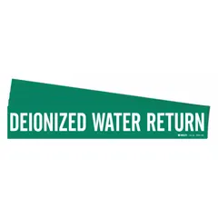 Green adhesive pipe marker with white legend reading 'Deionized Water Return'. Designed for pipe outer diameters of 8 inches and larger. Supplied in a 5-pack without arrows. Used to identify deionized water return lines in industrial piping systems.