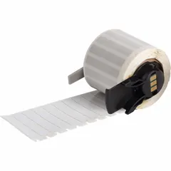 Precut label roll measuring 1 1/2 inches by 1/4 inch, made of polyimide with a white gloss finish. Designed for use with the M611 printer series. Suitable for industrial labeling applications requiring heat resistance and durability, such as electrical, manufacturing, and maintenance tasks.