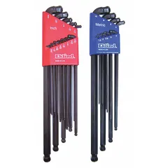 L-shaped hex key set with double ball ends for angled access. Includes both metric and SAE sizes in extra-long ball-hex-L configuration. Black oxide finish. Suitable for tightening or loosening hex socket screws in confined spaces during assembly, maintenance, and repair tasks.