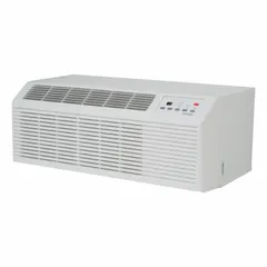 This PTAC with heat pump provides 14,700 BtuH cooling capacity for spaces from 550 to 700 sq ft. It operates on 208/230V AC power and uses a 6-20P plug. Suitable for commercial applications such as hotel rooms, motels, and apartments.