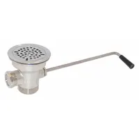 This sink drain assembly features a lever-activated stopper for controlling water flow. Constructed of nickel bronze with a nickel finish, it includes a strainer to catch debris. The threaded connection fits a 2 in pipe diameter, with an overall diameter of 4-1/2 in. Suitable for use in residential or commercial sink installations