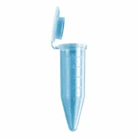Polypropylene centrifuge tube with 5 mL capacity, conical bottom, and attached blue cap. Graduated for volume measurement. Suitable for sample separation and sedimentation in laboratory centrifugation processes