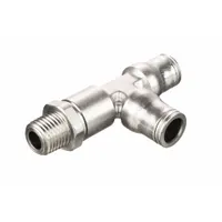 Nickel-plated brass tee fitting with 1/4" pipe thread and two 6 mm OD push-fit ports. Overall length 46 mm. Used to create branch connections in pneumatic or low-pressure fluid systems for distributing flow