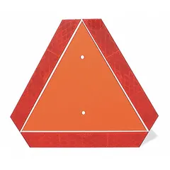 This triangular reflector placard measures 13 3/4 in by 13 3/4 in and features an orange/red acrylic reflector. It is used for vehicle and roadside safety marking to enhance visibility of slow-moving vehicles, trailers, and construction equipment.