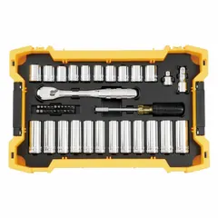 This 85-piece socket set includes 3/8 in and 1/2 in drive tools, deep sockets from 11/16 in to 1 in for the 1/2 in drive, and socket bits. It covers both SAE and metric sizes, suitable for tightening and loosening fasteners in automotive repair, construction, and industrial maintenance.