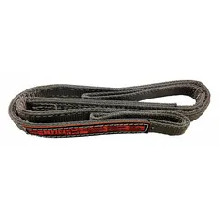 This STREN-FLEX web sling is a Type 3 protected-edge nylon flat-eye sling with a 20 ft sling length, 8 in eye length, and 2 plies. It features a wear-resistant tag for identification. Used for lifting and rigging heavy loads in industrial settings such as construction, manufacturing, and warehousing.