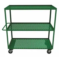 This flow-through utility cart features three perforated lipped metal shelves, each 60 inches long by 30 inches wide, with 25 inches of vertical clearance between shelves. The cart is equipped with two swivel casters having rubber treads. The perforated shelf design allows debris and liquids to pass through, making the cart suitable for applications requiring airflow or drainage, such as transporting parts or materials in industrial environments