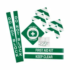 This vinyl floor sign marks first aid stations in industrial facilities, warehouses, and plants. It features an anti-slip surface for safety and adhesive mounting for secure placement. Nominal size 30 in x 36 in, thickness 0.011 in. Not glow-in-the-dark.