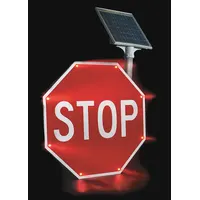 Solar-powered flashing LED stop sign made of 0.08 in thick aluminum with diamond-grade retroreflective surface. Complies with MUTCD code R1-1. Used for traffic control at intersections, crosswalks, and construction zones to enhance driver awareness in low-light conditions