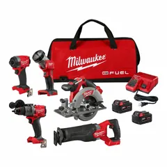18 V DC cordless tool combination kit including hammer drill, impact driver, Sawzall, grinder, and work light. Battery included. Suitable for drilling, driving, cutting, and fastening in construction and maintenance tasks.