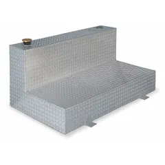 L-shaped aluminum transfer tank with clearcoat finish, 0.125 ga thickness, and 100-gallon capacity. Designed for diesel fuel storage and transport in fleet, agricultural, and industrial settings.