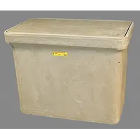 Monolithic polymer concrete underground enclosure with open bottom and included cover marked with Electric logo. Usable interior dimensions 28 1/2 x 15 1/2 x 22 in. Designed to house and protect electrical connections, transformers, and splicing equipment in buried utility installations