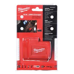 This MILWAUKEE power source converts 18V DC from M18 batteries to USB power, featuring one port for charging or powering USB devices. It is a power source only unit, suitable for use in cordless tool systems where AC power is not available.