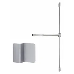 This VON DUPRIN surface vertical rod push bar is an aluminum exit device with a touchbar and dummy pull, designed for a maximum door width of 3 ft. It is used on commercial doors to provide safe egress by releasing the latch when the touchbar is pushed.