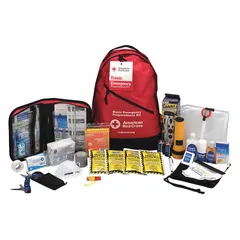 This emergency survival kit is packaged in a nylon backpack and serves one person. It includes four 4 oz emergency water packets, ten adhesive plastic bandages (3/4 in x 3 in), a multi-tool, a pen light with batteries, two nitrile exam gloves, a wash cloth, and a first aid guide. Suitable for home, office, or outdoor preparedness.