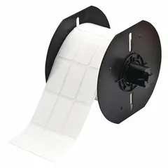 Vinyl wraparound label with black print on white background. Designed for wire identification on conductors from 14 AWG to 6 AWG. Compatible with BBP33 printer series; requires B30-R6200 ribbon. Used for permanent marking in electrical panels, cable assemblies, and industrial maintenance.