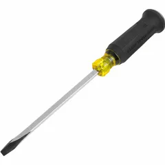 This demolition slotted screwdriver has a 5/16 in tip size and a 7 in shank length, with an overall length of 12 1/4 in. The steel shank and cushion grip support heavy-duty prying, scraping, and screwdriving tasks common in construction and demolition work.