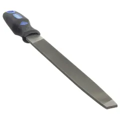 This tapered single-cut rectangular mill file features a bastard cut for medium-stock removal on metal surfaces. Measuring 10 inches in length without tang, 1 inch in width, and 3/16 inch in thickness, it includes a handle for secure grip. Suitable for precision shaping, deburring, and sharpening of steel and iron workpieces in industrial maintenance and fabrication.
