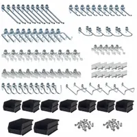 This hook and bin assortment kit is designed for organizing tools on round-hole pegboard with 1 in hole spacing. Made of zinc-plated steel with a silver finish, it includes five 5 in double C-shapes and features a screw-in locking system for surface mounting