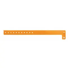 Vinyl security wristband in orange, supplied in packs of 500. Each wristband measures 10 inches overall length by 3/4 inch overall width. Suitable for access control, event identification, and patient tracking in various facilities. No pre-printed legend allows custom marking.