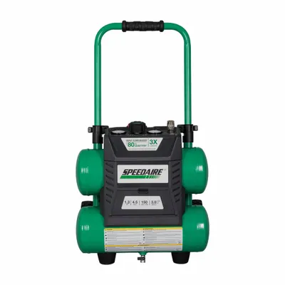 SPEEDAIRE Air Compressor: Quiet, Oil Free, 4.5 gal, Twin Stack, 1.3 hp, 3 cfm @ 90 psi - Wheeled Portable Electric Air Compressors