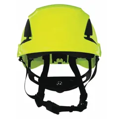 The 3M SecureFit X5000 Series hard hat is a Type 1, Class C vented climbing helmet with a green ABS shell and solid finish. It features a 6-point ratchet suspension for secure fit and side-slots for accessory mounting. Suitable for work-at-height applications such as construction, industrial maintenance, and utility work.