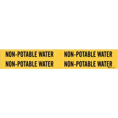 Yellow adhesive pipe markers with black legend reading 'Non-Potable Water'. Each set includes 4 markers without arrows, designed for pipes with outer diameters from 3/4 to 2-3/8 inches. Used to identify non-potable water lines in industrial and commercial piping systems.