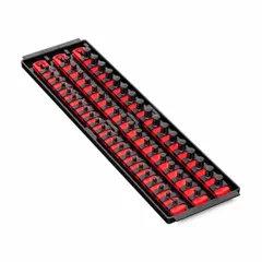 Red plastic socket organizer tray with 57 posts/slots for storing and securing sockets. Overall width is 5-5/16 inches. Includes identification stickers for labeling socket sizes. Suitable for organizing sockets in tool storage areas.