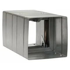 Rectangular fire damper with curtain blade type and gravity closure, designed for vertical mounting. Measures 7 3/4 inches in height and width with a 12-inch length. Includes a sleeve for static applications where airflow stops during a fire event. Typically installed in vertical wall penetrations in HVAC ductwork.