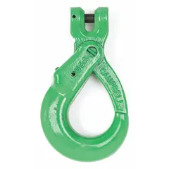 Self-locking clevis hook made from alloy steel with a green finish. Grade 100 rated for lifting applications where load security is required. The self-locking mechanism prevents accidental disengagement during use.