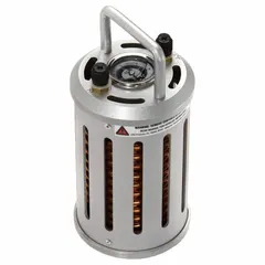 Stainless steel subcooler for R-410A refrigerant. Functions as a submersible condenser or evaporator. Used in HVACR service to subcool liquid refrigerant during recovery or transfer, reducing pressure and temperature before storage. Features a Male SAE Right-Hand connection in silver finish.