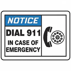Vinyl adhesive signs with 'Dial 911 In Case of Emergency' message. Each sign measures 3 1/2 in x 5 in with 0.02 in thickness. Non-retroreflective, non-glow-in-the-dark. Suitable for mounting on clean, dry surfaces in facilities to indicate emergency contact instructions.