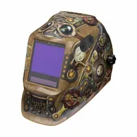 Auto-darkening welding helmet with a nylon shell in brown featuring Pressure Valves graphics. Equipped with 5 arc sensors and digital ADF controls for automatic shade adjustment. Offers a viewing area of 3.74 in x 3.15 in, W13 welding shade, grind mode, and ratchet suspension adjustment. Suitable for MIG, TIG, and stick welding applications