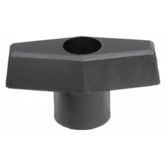 This T-handle knob features a 2 in diameter plastic body with a steel threaded through-hole of 5/16"-18. It is used for manual adjustment, clamping, or positioning on machinery and equipment in industrial settings.