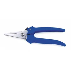 Right-hand manual-opening shears with a 5 3/4 in overall length. Features a partially serrated, rounded stainless steel blade for cutting various materials. Blue vinyl grip provides comfort during use. Suitable for general cutting tasks in workshops and maintenance settings.