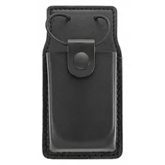 Black leather duty pouch with snap closure, measuring 6 1/2 inches by 2 1/2 inches. Designed to carry communication devices such as radios or phones on a belt. Suitable for security and public safety personnel requiring a compact, professional-grade pouch.